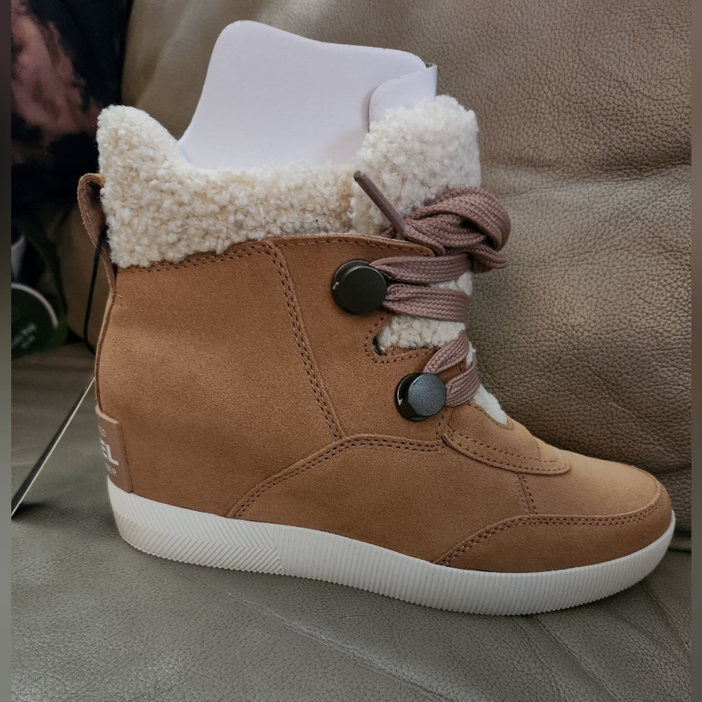 Sorel Tan Suede Wedge Booties with Cream Shearling Trim